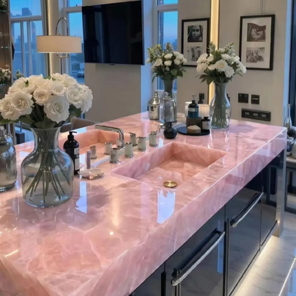 Pink Crystal Onyx Marble Drop-In Basin – Luxury Modern Design, Customizable for Home, Hotel, Spa and Commercial Use