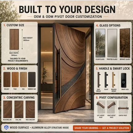 Modern 3D Design Carved Cast Aluminum Wooden Villa American Entry Exterior Front Pivot Entrance Door