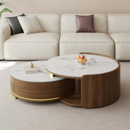 Light luxury minimalist wooden round coffee table vintage center table set sintered stone top modern living room coffee table