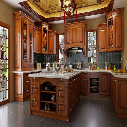 Rustic Style Solid Wood Classic Kitchen Furniture with Custom Island Cabinet