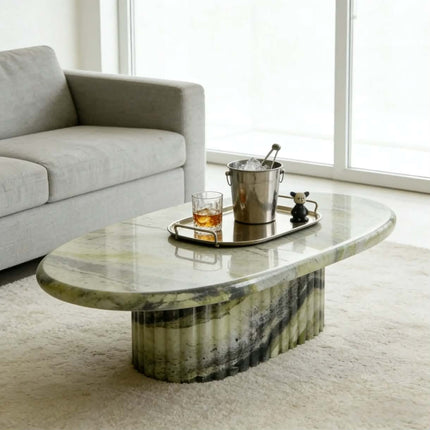 Natural marble base table luxury oval top green marble side table living room bedroom marble plinth coffee table set