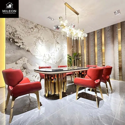Custom-made Home Dining Room Furniture Luxury Decorative Gold Stainless Steel Frame Rectangular Dining Table Set