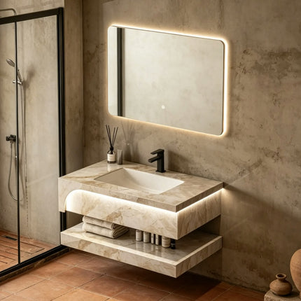 Modern luxury hotel waterproof wall mounted double-layer slate rock bathroom vanity set with LED mirror cabinet bathroom cabinet