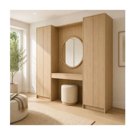 Modern Full Height Vanity Set with Round Mirror Cabinet and Wooden and Dressing Table  Cream White for Master Bedroom