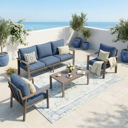 4-Piece Brown Aluminum Frame Modern Outdoor Conversation Set Deep Blue Washable Cushions 3-Seater Sofa 2 Chairs UV Park