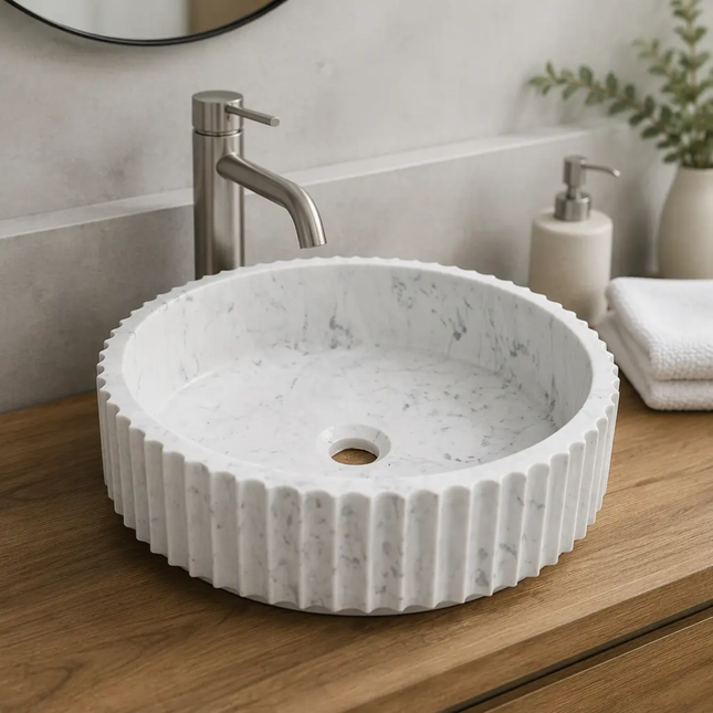 Round White Marble Stone Artistic Sink Premium Natural Stone Basin Designer Edition Modern Home Hotel Decor Bathroom Wash Basin