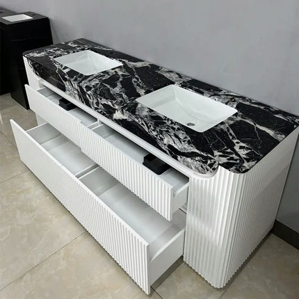 All-in-one seamless natural marble countertop with bath mirror floor-to-floor rubber wood bathroom cabinet for bathrooms