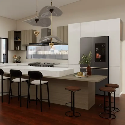 CBMmart Luxury Melamine Wood Veneer Grain Quartz Kitchen Cabinets Island Table With Sink