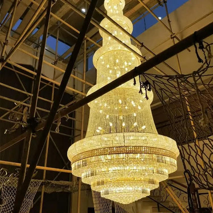Multi Tier Conical Tower Crystal Strand Chandelier Gold Frame Full Layer Waterfall Hanging Light LED 3-Year Warranty Hotel Lobby