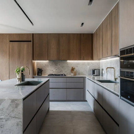 Customized Modern Natural Wood Semi-Gloss Walnut Veneer L-Shaped Kitchen Cabinet African Projects MDF Carcase Hidden Hinges Sink