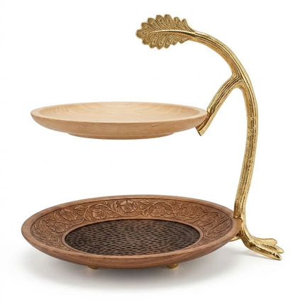Luxury 2-Tier Wooden Cake Stand With Gold Brass Floral Branch Frame Elegant Rustic Mango Wood Cupcake Display & Serving Tray