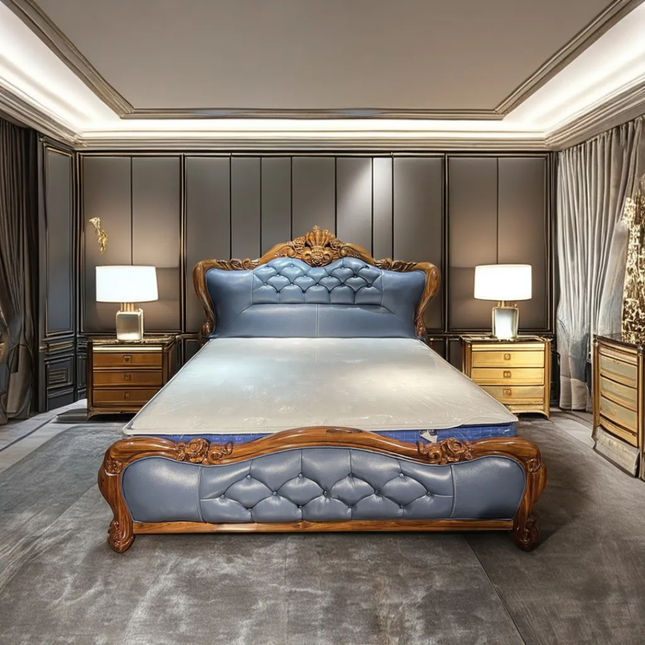Royal Ebony King Size Bed Set - Exquisite Italian Design, Hand-carved Solid Wood with Luxurious Leather Upholstery