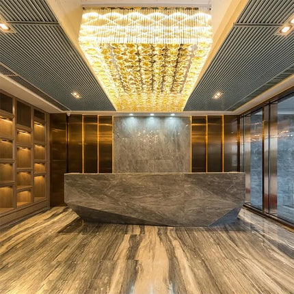 Large Luxury Gold Crystal Long Square LED Chandelier Adjustable Height Acrylic Stainless Steel Switch Remote for Hotel Lobby