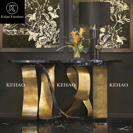 Modern Luxury Console Table – Stainless Gold Frame, Glass Top, Drawers for Hallway and Entrance Storage