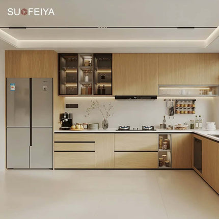 Customized Modern Full Chip Kitchen Cabinets MDF Carcase Glass Furniture For Apartment Joinery Low Price Including Faucet Hinge