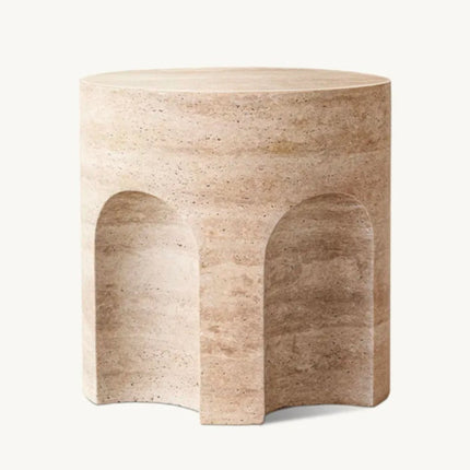 Honed Banded Travertine Side Table Upper and Lower Round Layers Hollow Middle Space Resort Hotel Guest Bedside Table