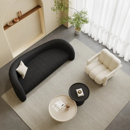 Monochromatic Elegance Curvaceous Design Supreme Comfort Living Room Ensemble with Textured Bouclé Sofa and Sculptural Accent Pieces