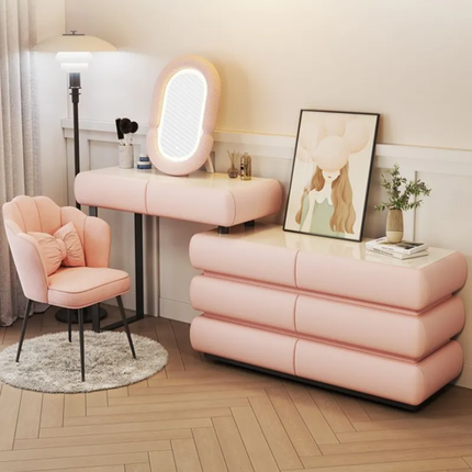 Modern Luxury Eco-Friendly Vanity Table (Available Pink White) Removable Mirror Solid Wood One-Piece Design Ample Storage