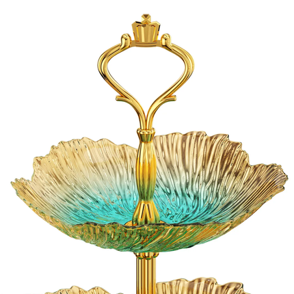 Luxury 2/3 Tier Gradient Petal Plastic Fruit Plate Crown Gold Handle Food Grade Snack Candy Serving Tray For Wedding Party Decor