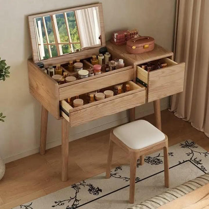 Solid Oak Wood Convertible Dressing Table With LED Mirror USB Port Flip Cover Makeup Cabinet Silent Wind Design For Bedroom