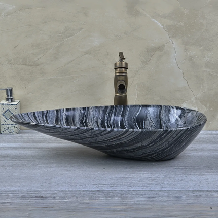 Retro Style Unique Shape Marble Stone Wash Basin Countertop Bathroom Sink Tree Black Stone Sink For Hotel & Villa Use