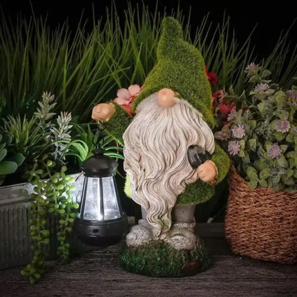 LED Outdoor Light With Lantern Waterproof Solar Resin Crafts Garden Yard Dwarf Statue