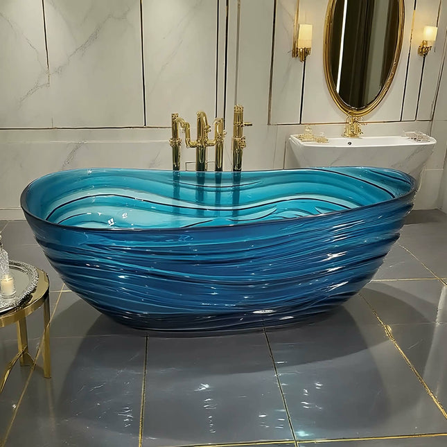 Modern Freestanding Crystal Transparent Resin Bathtub with Water Wave Design Drainer Soaking Tub for Hotel Bathrooms