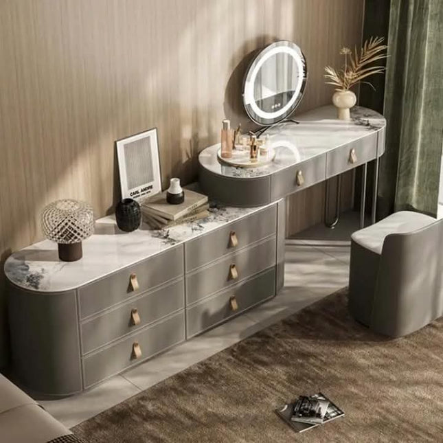 Modern French Solid Wood Vanity Set Jewelry Organizer Lighted Adjustable Mirror Stool Functional Dressing Table Bedroom/Living