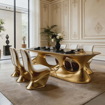 Luxury Modern Gold Firberglass Dining Table Custom Oval Black Dining Table Gold Base Waterproof Durable 6 Seater