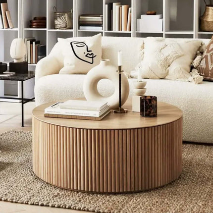 Round fluted wooden coffee table, stone slab top Oak ribbed cylinder coffee table modern American style living room furniture