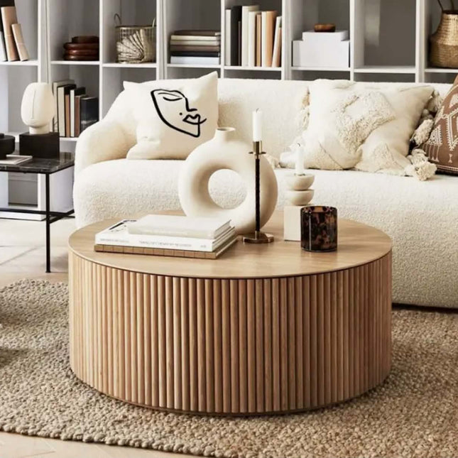 Round Fluted Wooden Coffee Table, Stone Slab Top Oak Ribbed Cylinder Coffee Table Modern American Style Living Room Furniture