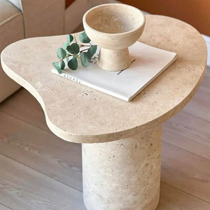 Be Simple But Elegant Beige Water Ripple Small Side Table With Irregular Design Solid Travertine Stone Table