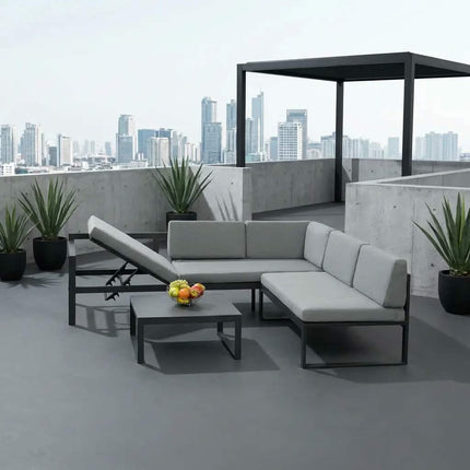 L-Shaped Adjustable Back Modern Design Outdoor Sectional Sofa Set Matte Black Aluminum Frame Removable Light Grey Cushions PE