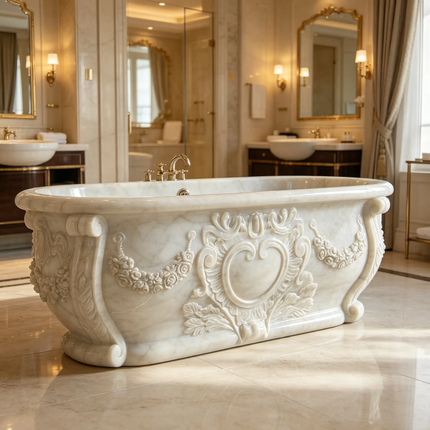 Luxury Hand Carved White Marble Freestanding Bathtub with Lion Heads for Villa Hotel Spa & Palace Bathroom Decor