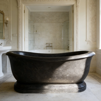 Hand Carved Freestanding Oval Shaped Solid Black Marble Soaking Bath Tub Marble Bathtub