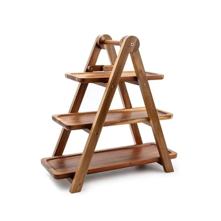 High Quality Solid Acacia Wood Three-Tier Serving Tray Modern Design Polished Eco-Friendly Party Tray