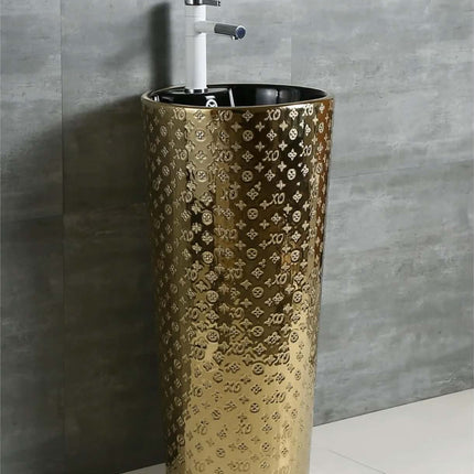 Hand Painted Modern Gold Pedestal Sink Easy Clean Free Standing Ceramic Basin Single Hole Faucet Mount 9L Capacity 5 Bathroom