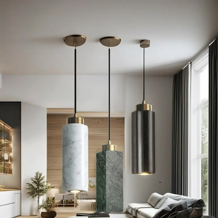 Wabi Sabi LED Yellow Travertine Marble Pendant Lamp Nordic Stone Hanging Light For Dining Table Bar- Chandeliers Pendant Lights