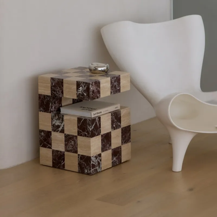 Modern marble coffee table unique style with natural red and white square checkerboard square plinths pedestal coffee table