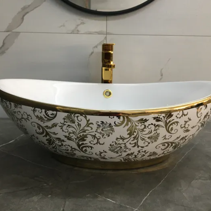 Grand Baroque Curved Lavatory An Exquisite Gold Faucet Paired with an Ornate Floral Patterned Sink