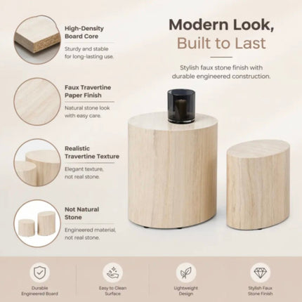 Japandi Modern Minimalist Wabi-Sabi MDF Travertine Style Coffee Table Oval Nesting Side Tables Set Living Room Decor Wholesale