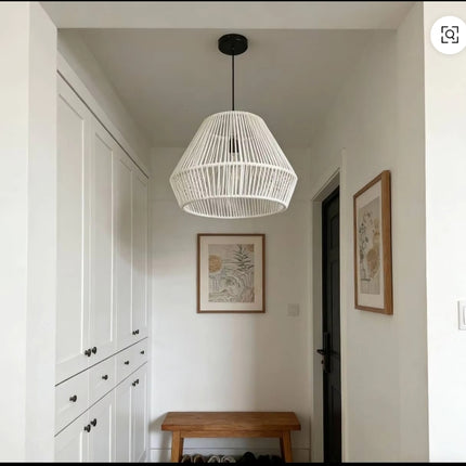 Modern White Rattan Pendant Light – Minimalist Hanging Ceiling Lamp for Entryway, Hallway, or Scandinavian Home Decor