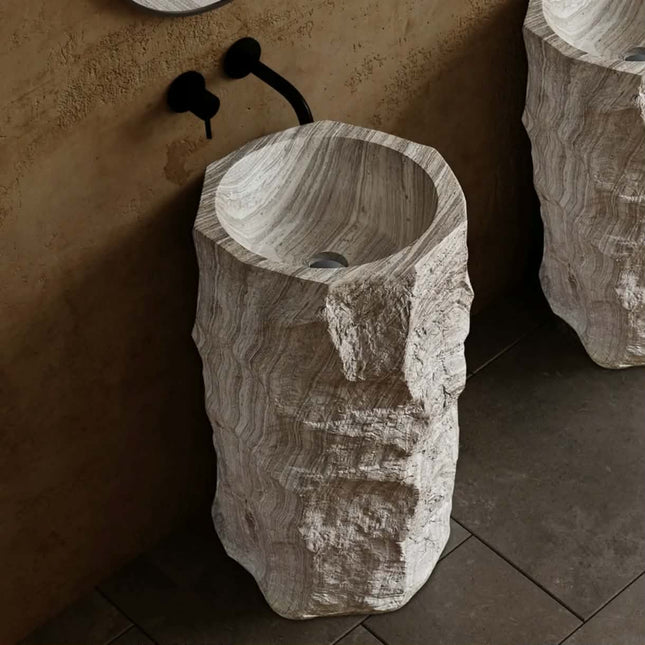 Wabi Sabi White Wood Grain One Piece Cylindrical Free Standing Sink Artificial Stone Bathroom Marble Design Pedestal Wash Basin