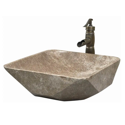 Emperador Light Unique Shape Sink Handmade Natural Stone Wash Basin Bathroom Vanity Diamond Facets Marble Stone Wash Basin