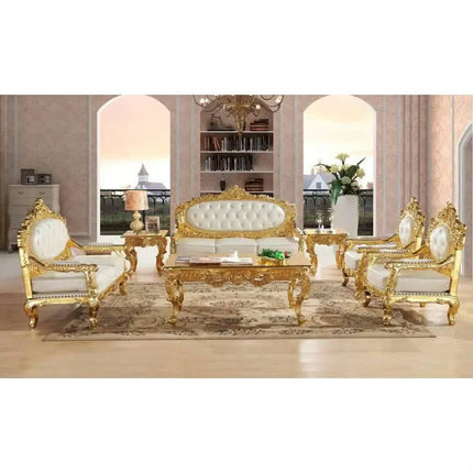 Modern Luxury Solid Mahogany Wood Frame Sofa Set With Handmade Wood Carving and PU Leather Upholstery for Apartment Living Rooms