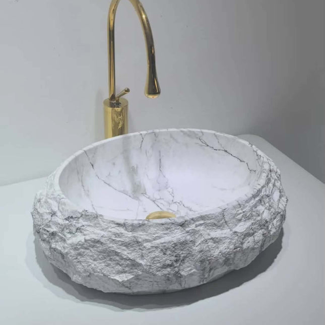 Natural Marble Rock Vessel Sink with Gold Faucet – Luxury Rustic Bathroom Basin