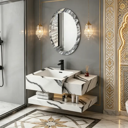 Factory direct luxury Wall-mounted bathroom vanity sintered stone marble top ceramic sink LED Mirror bathroom cabinet for hotel