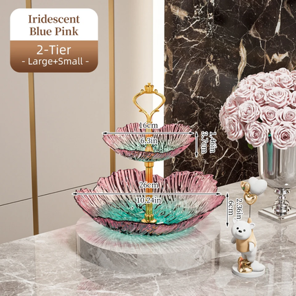 Luxury 2/3 Tier Gradient Petal Plastic Fruit Plate Crown Gold Handle Food Grade Snack Candy Serving Tray For Wedding Party Decor