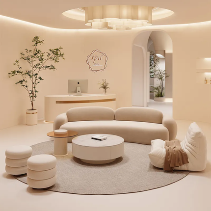 Soft Whisper Contours Premium Aesthetic Contemporary Sanctuary Sofa Set with Relaxed Chaise and Minimalist Poufs