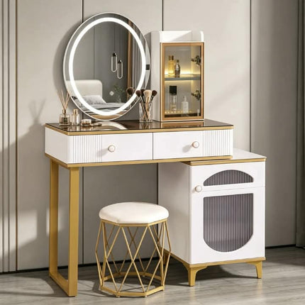 Modern Luxury Minimalist Solid Wood Durable Customizable Multi-Purpose Makeup Vanity Lighted Oval Mirror Storage Drawers  Bedroom
